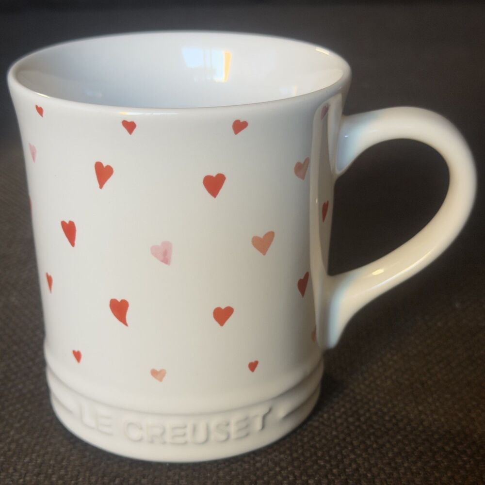 Le Creuset Seattle Coffee Mug Cup White Red Pink Hearts Ceramic Valentine's Day